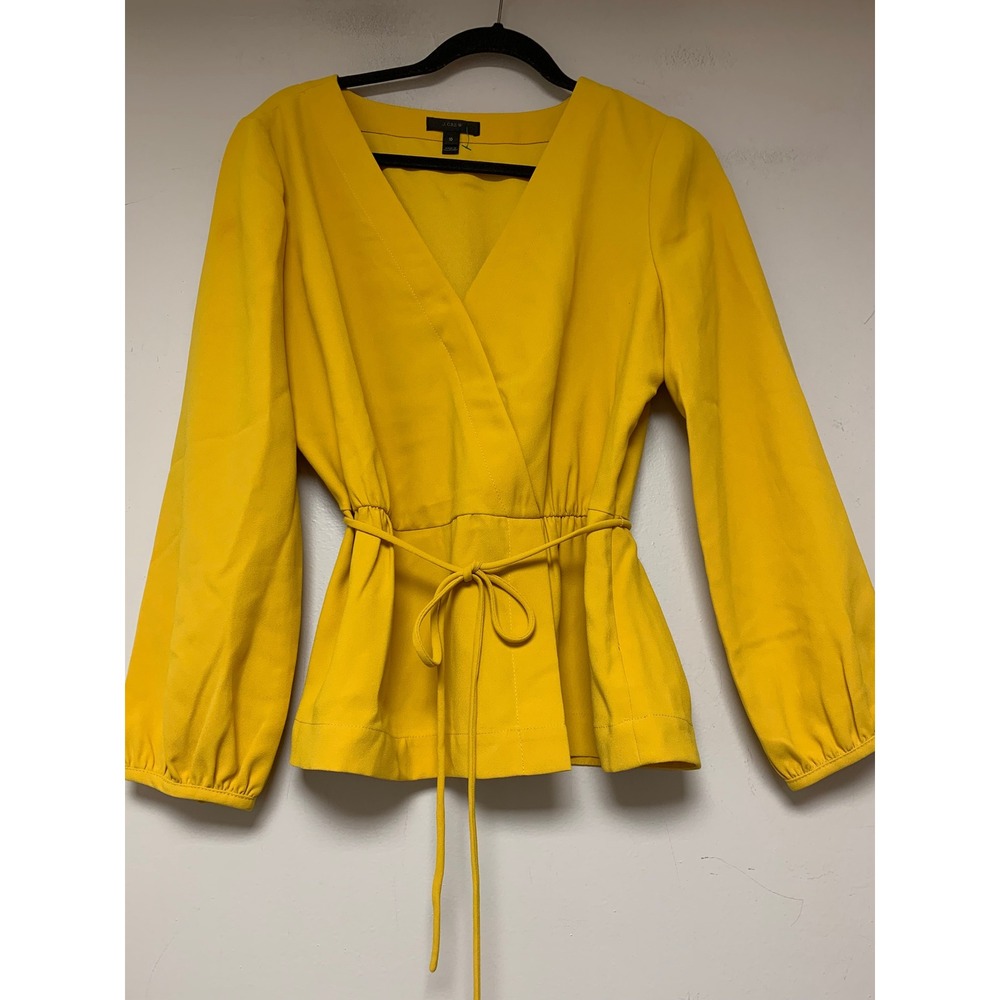 J.Crew Wrap Blouse Women 10 Yellow Excellent Tie Waist‎ Crepe Long Sleeve Top